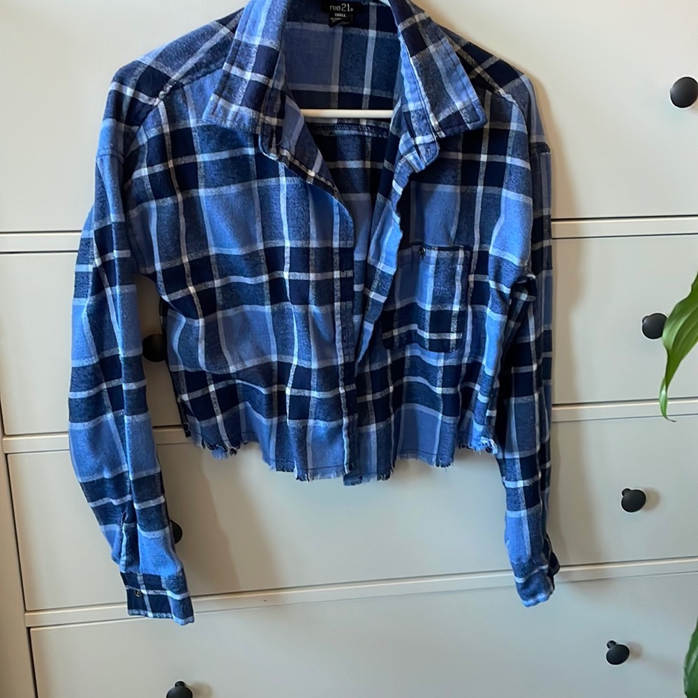 Blue plaid button down crop top